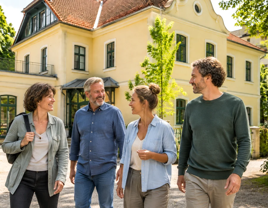 Vier freundlich wirkende Erwachsene vor einem hellen Gebäude