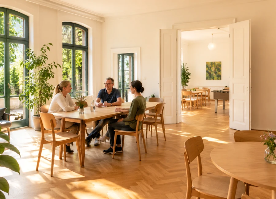 Heller Gemeinschaftsraum mit einer freundlichen Gesprächssituation