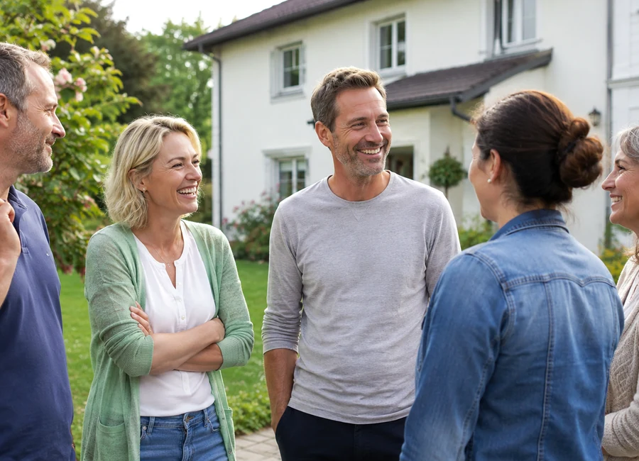 Mehrere Erwachsene im Gespräch vor einem Wohngebäude